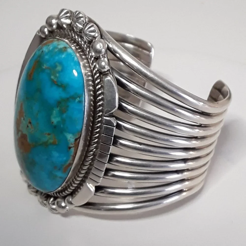 LARGE Kingman Sterling Native American Statement Bracelet - Picture 8 of 9